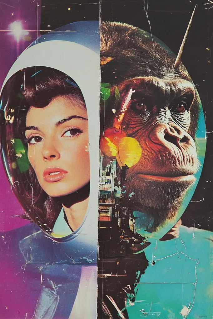 Here's a description of the image:

The image is a vibrant, surreal collage. It's split down the middle, one half showing a woman's face, the other a gorilla's.  The woman is depicted in a retro-futuristic space helmet, her expression serious and slightly melancholic. The gorilla's face is powerful and intense.  The background is a blend of cosmic imagery and a futuristic cityscape, suggesting a blend of vintage science fiction aesthetics and primate evolution. The overall style is reminiscent of 1960s-70s pop art and psychedelic design, with a deliberately distressed, aged effect adding to the vintage feel.