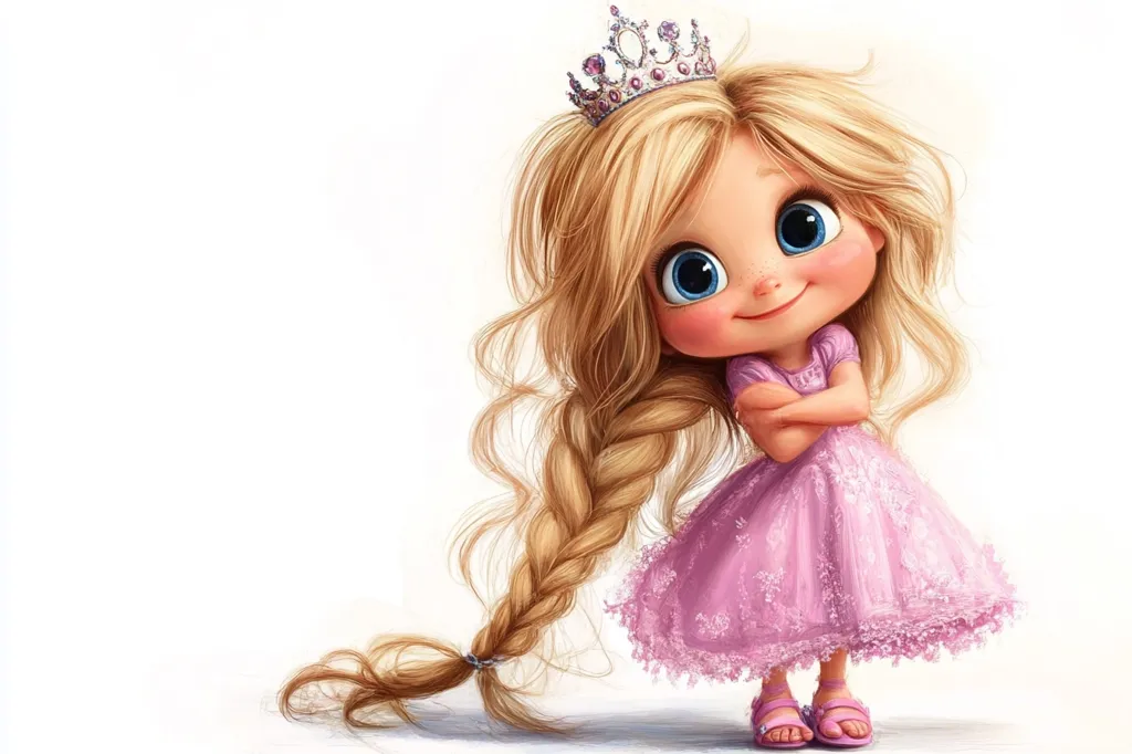Here's a description of the image:

The illustration depicts a charming cartoon princess. She possesses large, expressive blue eyes, rosy cheeks, and a sweet smile. Her long, blonde hair is styled in a thick braid that extends down to the floor, contrasting with her short, pink lace dress. She wears a delicate tiara atop her head and pink sandals on her feet, adding to her regal appearance.  Her arms are crossed confidently, and she stands against a simple white background, making her the clear focus. The style is reminiscent of digital painting, with attention to detail in the textures of hair, fabric, and skin.