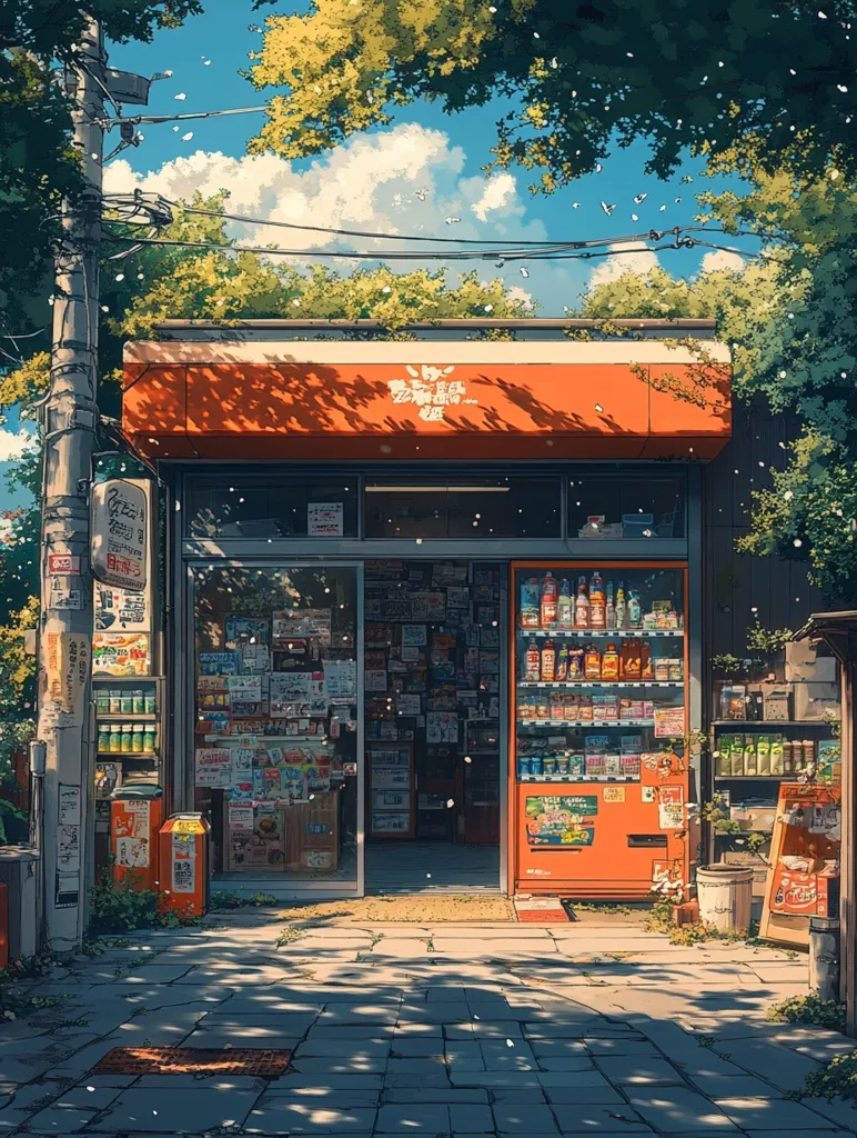 A vibrant illustration depicts a small, orange-roofed convenience store nestled under lush green trees on a sunny day.  White petals drift through the air, creating a serene atmosphere. The store's windows are adorned with numerous posters and advertisements, and a bright orange vending machine stands prominently outside.  The scene exudes a peaceful, almost nostalgic, feeling of a quaint Japanese street.  Shadows cast by the trees on the paved walkway add depth and contrast to the bright sunlight.
