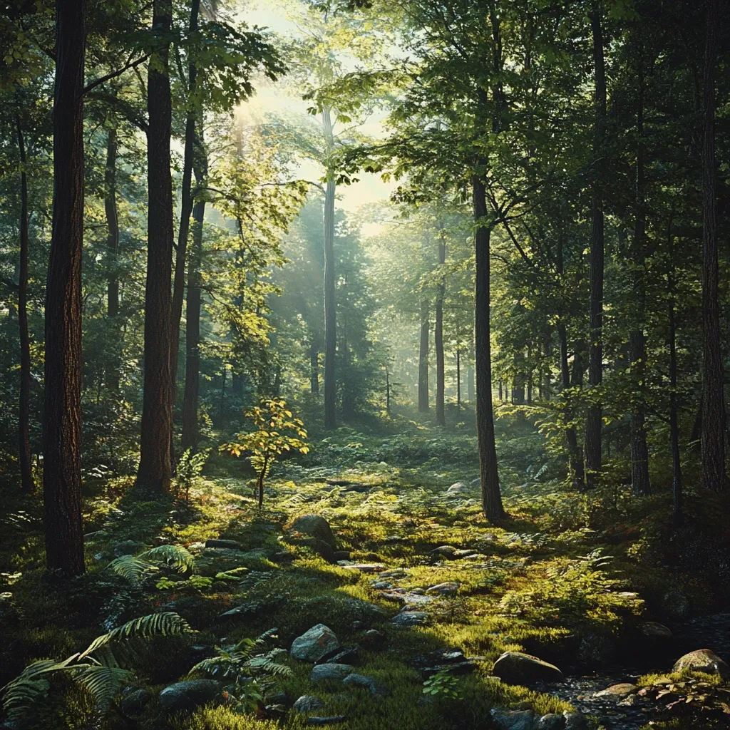 Sunlight streams through a dense, verdant forest. Tall, slender trees stand closely together, their leaves forming a canopy overhead.  A small stream winds its way through the mossy undergrowth, dotted with smooth, grey rocks.  Ferns and other low-lying vegetation carpet the forest floor, creating a lush, tranquil scene.  The atmosphere is peaceful and serene, imbued with the soft light of a sun-dappled morning.