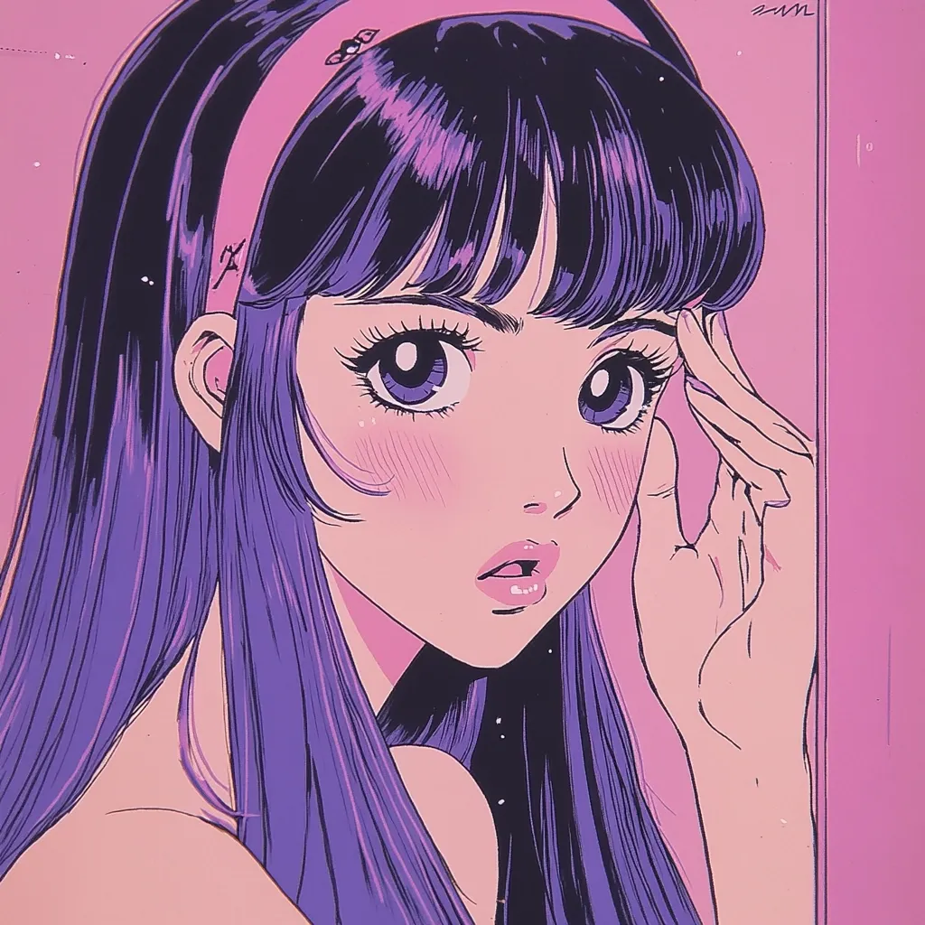 Here's a description of the image:

The illustration showcases a young woman, styled in the aesthetic of anime or manga.  She possesses long, straight purple hair, partially pulled back with a light pink headband. Her large, expressive eyes are a striking feature, accentuated by blush on her cheeks.  Her lips are slightly parted, conveying a pensive or shy expression.  She's depicted with one hand gently touching her face, against a soft pink background. The overall style is reminiscent of 80s or 90s retro anime, characterized by clean lines and a pastel color palette.