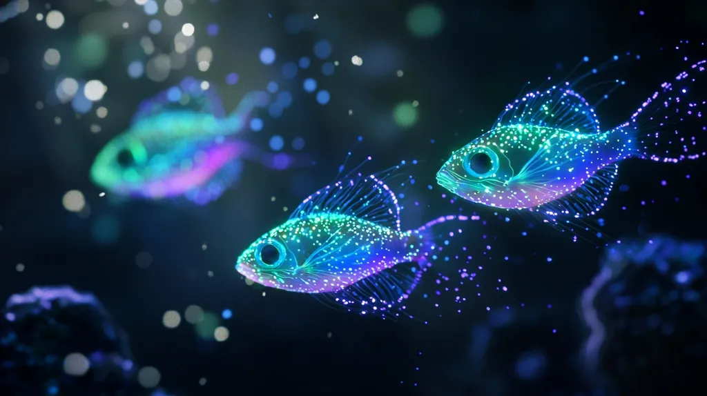 Here's a description of the image:

The image depicts three bioluminescent fish swimming in a dark, underwater environment.  The fish are rendered in vibrant shades of teal, purple, and blue, appearing to be composed of countless shimmering particles. Their fins and bodies trail luminous strands, giving them an ethereal quality. The background is a deep, inky blue speckled with out-of-focus lights, mimicking the effect of underwater particles and ambient light.  The overall impression is one of magical realism and otherworldly beauty.