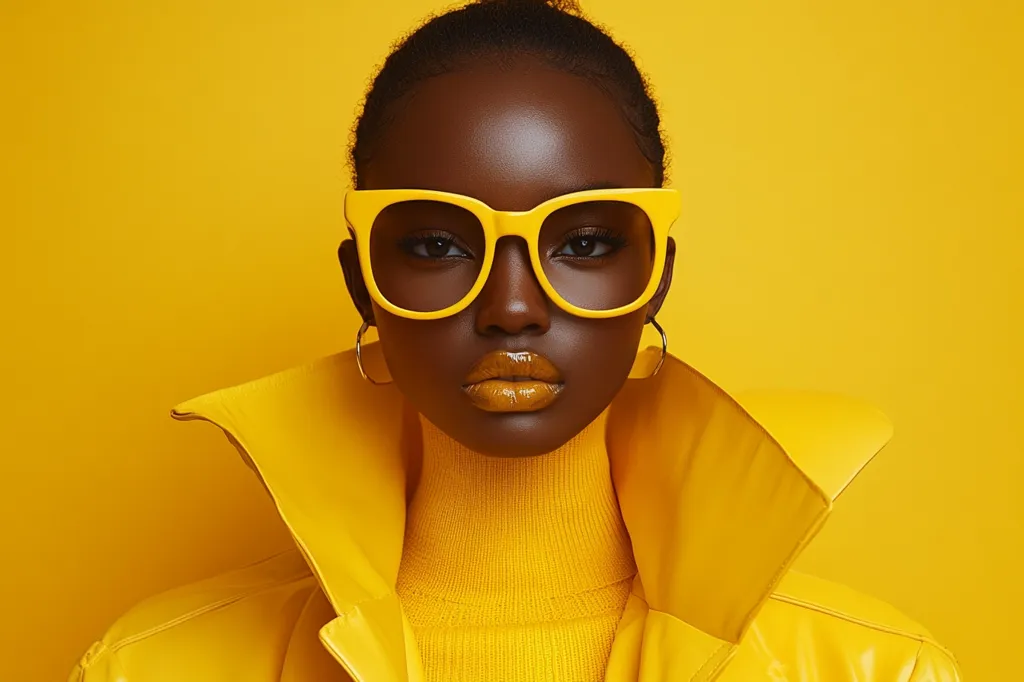 Here's a description of the image:

A striking portrait of a young Black woman dominates the frame. She's dressed head-to-toe in vibrant yellow: a turtleneck sweater beneath a glossy, oversized yellow leather jacket with a dramatic collar.  Large, square yellow sunglasses frame her face, and her lips are painted a matching bold yellow. Her dark skin contrasts beautifully against the bright yellow backdrop, creating a powerful and visually arresting image.  The overall aesthetic is bold, modern, and fashionable.