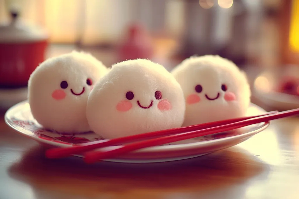 Three adorable, fluffy, white plushies resembling mochi sit on a small, patterned plate.  Each plush has simple, hand-drawn features: black eyes, rosy cheeks, and a smiling mouth.  A pair of red chopsticks rests on the plate, adding a touch of color.  The background is softly blurred, suggesting a warm, cozy setting.  The overall image is sweet and charming.