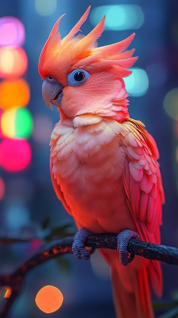 A vibrant pink and orange cockatoo perches on a dark branch against a backdrop of colorful, blurred lights.  Its feathers are meticulously detailed, showcasing a soft texture. The bird's bright blue eye stands out against its plumage.  The bokeh effect from the out-of-focus lights creates a dreamy, almost surreal atmosphere around the parrot. The overall image is striking and visually captivating.