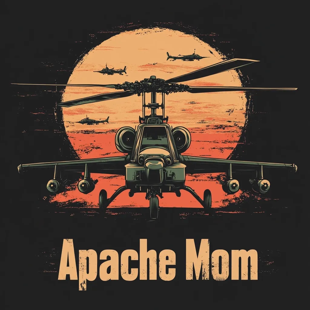 Here's a description of the image:

The artwork showcases a detailed illustration of an AH-64 Apache attack helicopter in the foreground, positioned against a large, stylized sunset.  Several other Apaches are visible in the background, smaller in scale, suggesting a squadron or formation. The overall aesthetic is vintage or grunge-inspired, with a distressed texture to the background and the text "Apache Mom" below the helicopter. The color palette is predominantly dark with muted oranges and yellows from the sunset, giving a powerful, slightly ominous feel.