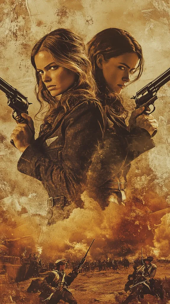 A sepia-toned poster depicts two determined women, center frame, wielding revolvers.  They are sharply dressed in military-style jackets, their stern gazes conveying strength and defiance. The background features a chaotic battlefield scene, filled with smoke, soldiers, and the clash of weaponry, suggesting a war setting.  The overall aesthetic is gritty and dramatic, emphasizing the women's central role in a violent conflict.