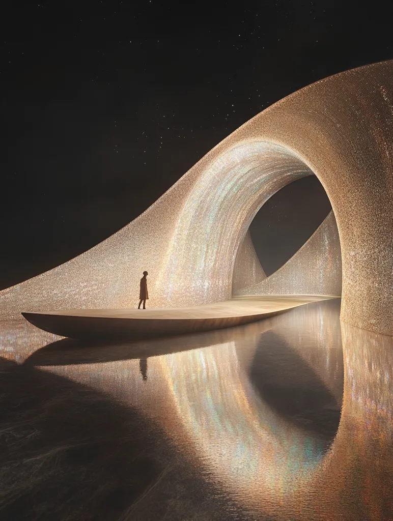 A solitary figure stands on a smooth, pale platform resembling a boat, which extends into a still, reflective body of water.  The platform is nestled within a dramatic, wave-like structure of shimmering, iridescent material, resembling a celestial archway. The structure's intricate texture and warm tones are amplified by the water's mirror-like surface, creating a surreal and ethereal atmosphere under a dark, starry sky. The scene evokes a sense of mystery and quiet contemplation.