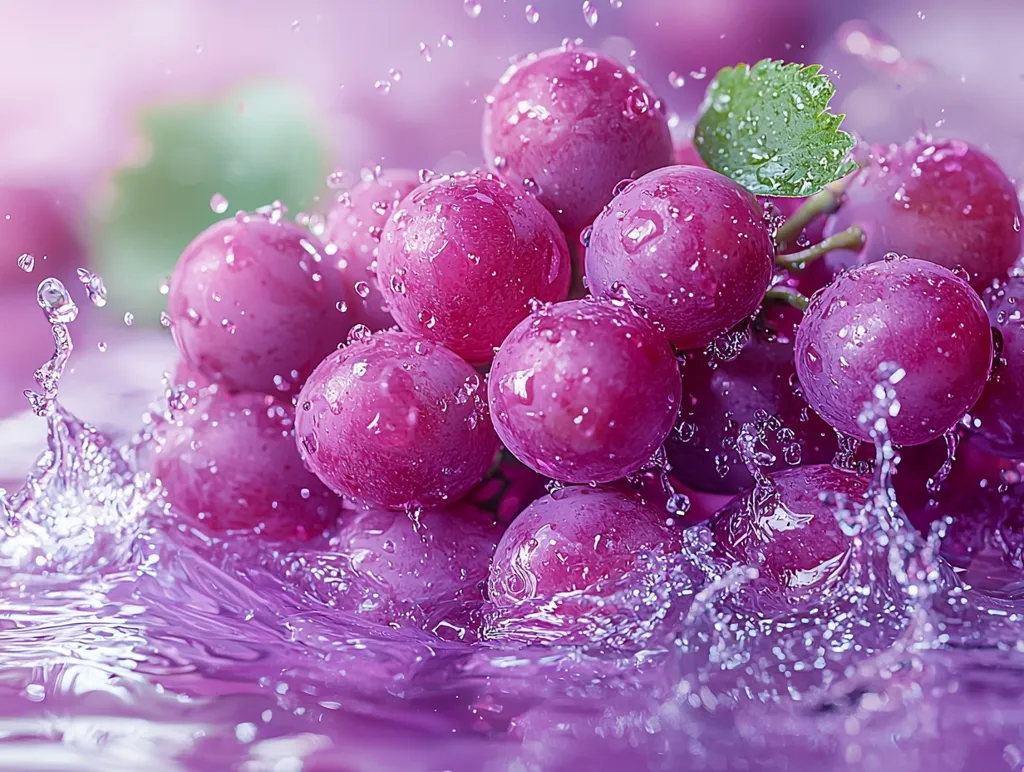 A vibrant cluster of pink grapes, glistening with water droplets, is the focal point of the image.  The grapes are submerged in a pool of water, creating dynamic splashes and ripples.  A few green leaves cling to the bunch, adding a touch of freshness.  The overall color palette is a rich, purplish-pink, emphasizing the juicy appearance of the fruit. The scene is both visually appealing and suggests the refreshing coolness of the grapes.