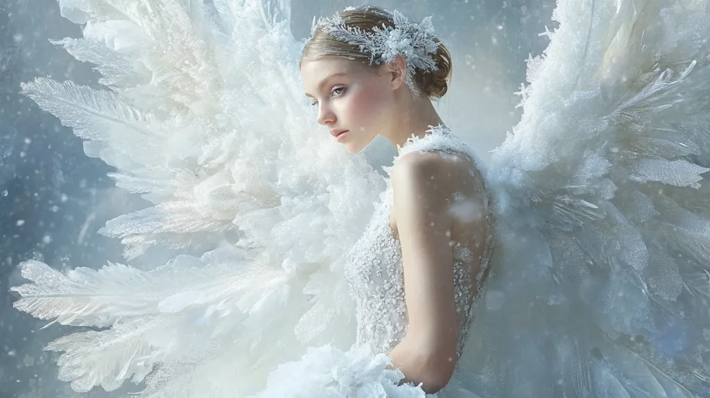Here's a description of the image:

The image showcases a woman, seemingly a model, adorned in a breathtaking, intricately beaded, white gown.  She wears a delicate, frosty crown or headpiece, and is posed with large, feathery white wings that appear to be made of ice or frost, creating a ethereal, wintery effect.  Snow or ice particles drift in the soft, blurred background, enhancing the overall dreamy, angelic ambiance.  The woman's expression is serene and her gaze is directed downward, adding to the mystical mood of the photograph.