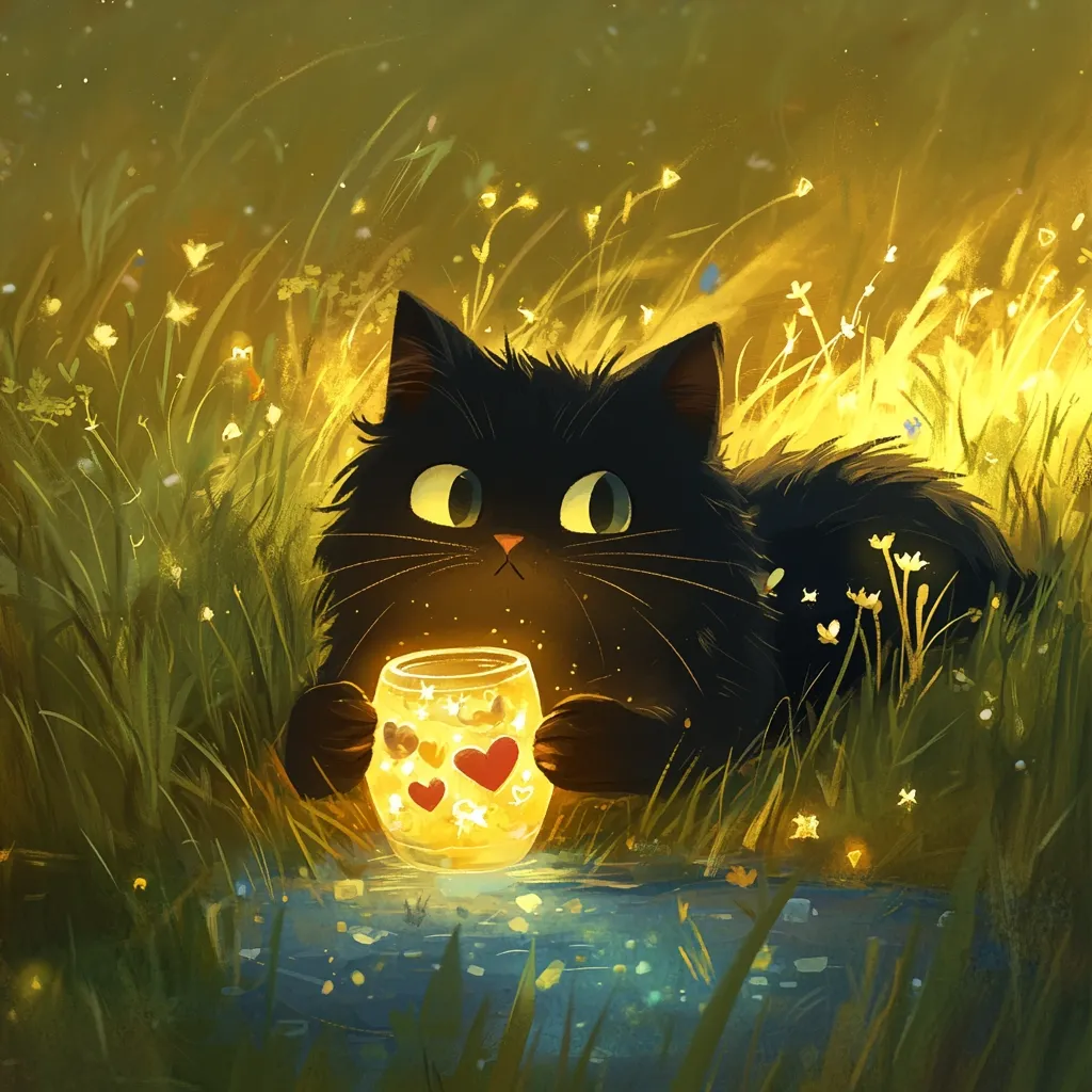 A charming illustration depicts a fluffy black cat nestled in tall grass at twilight.  The cat holds a glowing jar containing tiny hearts and sparkling lights, casting a warm golden hue. The scene is serene and whimsical, with soft lighting and a dreamy atmosphere, suggesting a magical or enchanting moment.  The overall style is digital painting, with painterly brushstrokes and a focus on soft, glowing colors.