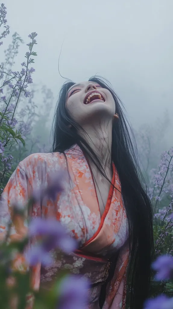A young woman with long black hair, wearing a pale peach kimono with a floral pattern, stands amidst a field of purple flowers.  Her head is tilted back, mouth open in a wide, almost feral grin, revealing her teeth.  A misty, ethereal atmosphere pervades the image, creating a dreamlike or fantastical quality.  The overall mood is one of otherworldly beauty and perhaps a touch of the uncanny.