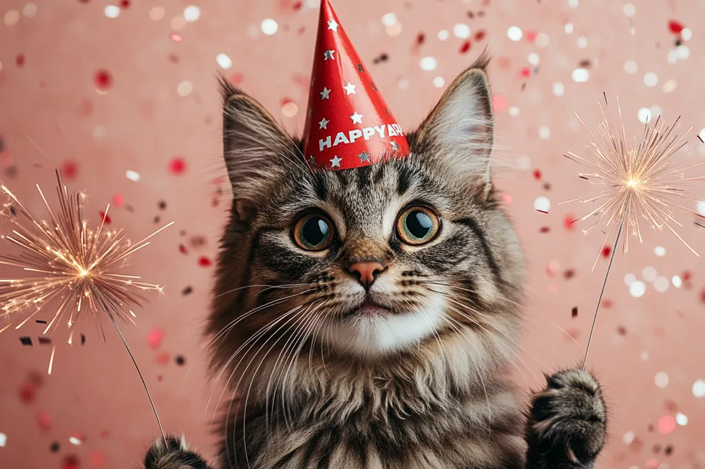 Here's a description of the image:

Close-up view of a fluffy gray tabby cat wearing a small red party hat that says "Happy" on it.  The cat is looking directly at the camera with a curious expression. Two lit sparklers are held in its paws, adding to the celebratory atmosphere. The background is a soft pink with scattered red and white confetti, creating a festive backdrop. The overall mood is cheerful and playful, capturing a whimsical birthday or celebration scene.