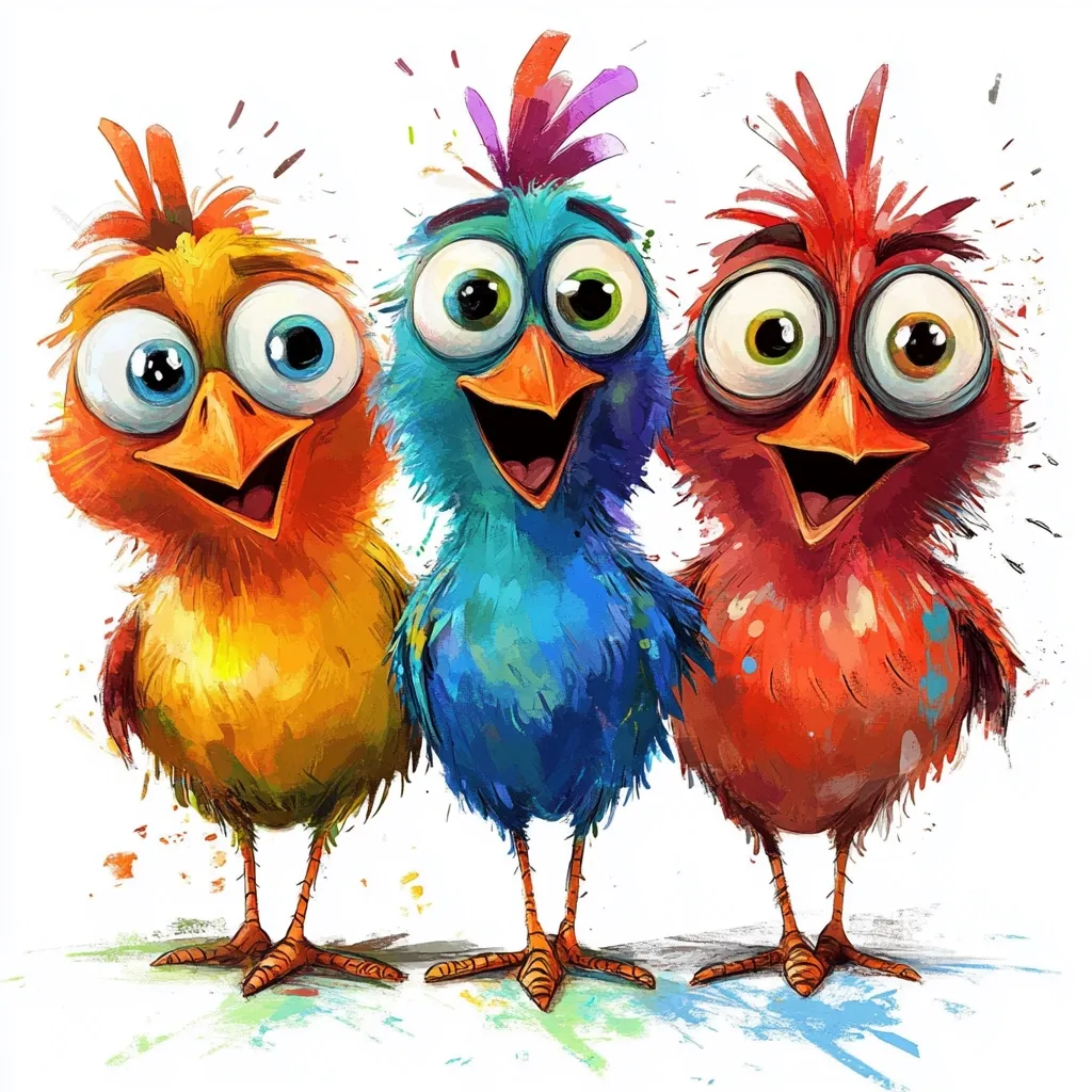 Here's a description of the image:

The illustration showcases three stylized cartoon birds standing side-by-side against a white background. The bird on the left is predominantly yellow and orange, the middle bird is blue, and the bird on the right is red.  All three birds possess large, expressive eyes and open beaks, giving them a cheerful and playful appearance. Their feathers are rendered in a painterly style with visible brushstrokes, creating a vibrant and textured effect.  The overall style is cartoonish and whimsical, with splashes of color surrounding the birds, adding to the lively atmosphere.