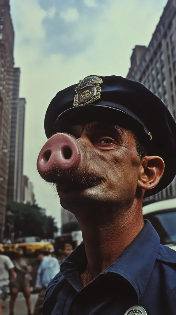 Here's a description of the image:

Close-up view of a man, seemingly a police officer, with a pig's nose prosthetic. He's wearing a dark blue police uniform and cap, with a badge visible. The setting appears to be a city street, with tall buildings and other people in the blurred background. The man's expression is somewhat serious, his gaze directed slightly upward. The contrast between his human features and the pig's nose creates a surreal and slightly unsettling effect. The overall tone suggests a moment captured during a protest or demonstration.