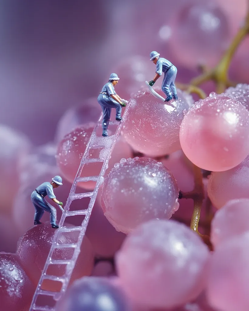 Here's a description of the image:

The image is a whimsical close-up of miniature workers tending to a large cluster of glistening, dew-covered grapes.  Three tiny figures, dressed in light blue overalls and hard hats, are working on the grapes. Two are positioned on a translucent ladder, seemingly harvesting or inspecting the fruit, while one works directly on a large grape. The grapes are a soft, pale pink, reflecting light beautifully, creating a surreal and almost dreamlike atmosphere. The focus is sharp on the miniature figures and the closest grapes, while the background softly blurs, drawing attention to the detailed work of the tiny laborers.