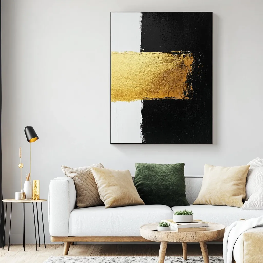 Here's a description of the image:

A minimalist living room features a white couch adorned with beige and olive green throw pillows.  A small wooden coffee table sits in front, holding succulents and a book.  A sleek black metal side table with a gold-accented lamp stands nearby. The focal point is a large square abstract painting above the couch; it's a striking composition of black, white, and a bold horizontal stroke of gold leaf, creating a modern and sophisticated ambiance. The overall style is clean, contemporary, and subtly luxurious.
