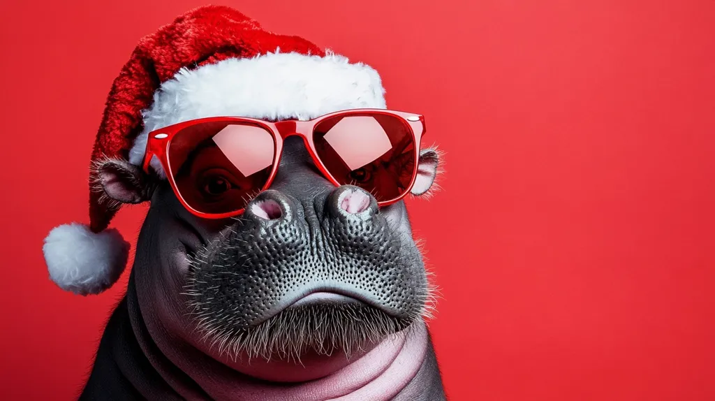 Here's a description of the image:

Close-up view of a pygmy hippopotamus against a vibrant red background.  The hippo is wearing a Santa hat and large, red sunglasses, giving it a festive and somewhat comical appearance. Its expression is serious, contrasting with its holiday attire. The focus is sharp on the hippo's face, highlighting its textured skin and small whiskers. The overall impression is one of playful holiday cheer.