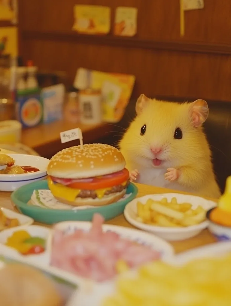 A fluffy golden hamster sits at a miniature table, gazing at a cheeseburger.  The table is laden with tiny plates of french fries, sliced ham, and other fast food-style items.  The scene is meticulously set, creating a charmingly whimsical and adorable image. The background features a blurred-out miniature diner setting.  The overall feel is cute and playful.
