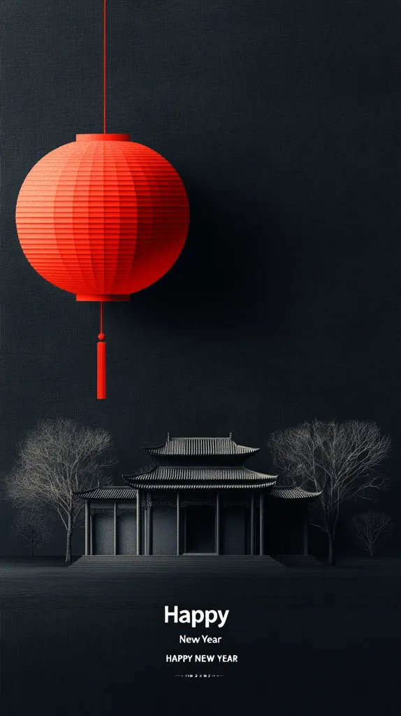 A striking minimalist design features a large, vibrant red Chinese lantern hanging against a dark gray backdrop. Below, a grayscale rendering of a traditional Chinese pavilion sits between two bare, leafless trees.  The overall mood is serene and elegant.  The words "Happy New Year" are subtly placed at the bottom, creating a festive, yet sophisticated, New Year's greeting.
