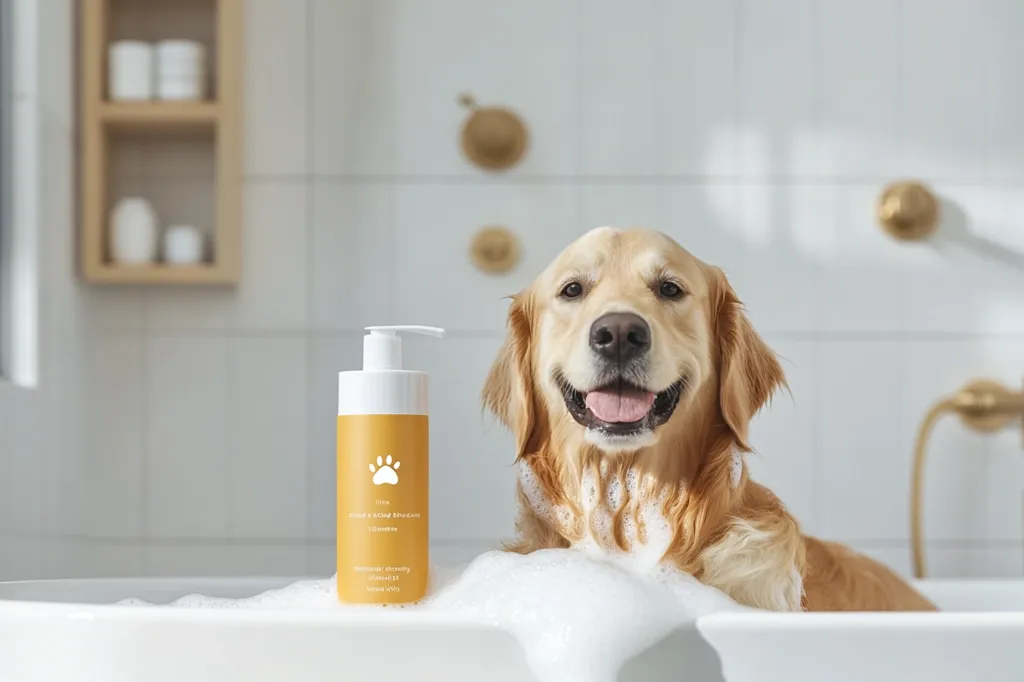 A golden retriever sits in a white bathtub, surrounded by suds.  It gazes directly at the camera with a happy expression.  Beside the dog, a yellow pump bottle of dog shampoo sits on the tub's edge. The background is a blurry but clean, bright bathroom with white tiles and simple shelving. The overall scene is calm and conveys a sense of cleanliness and pet care.