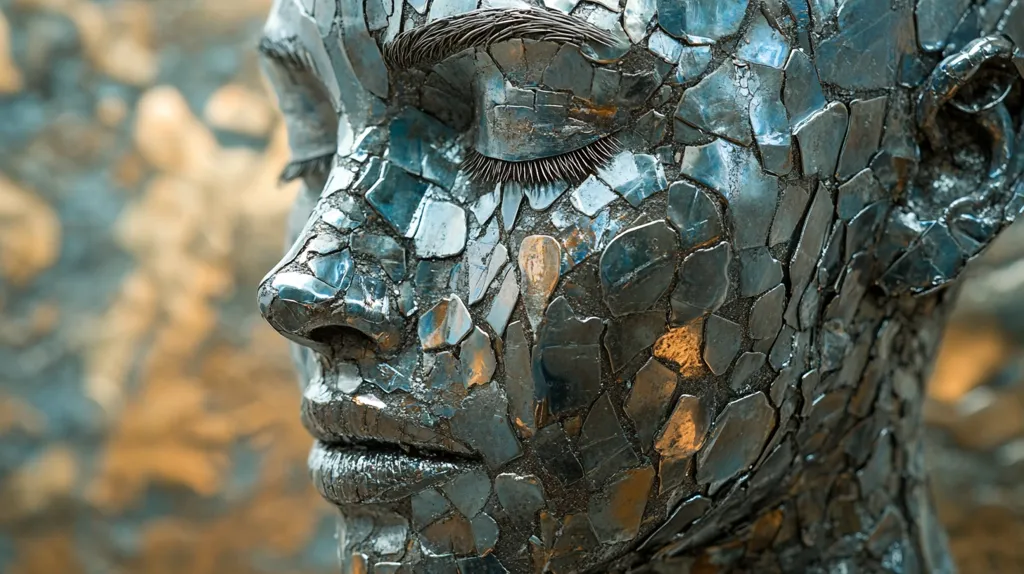 Close-up view of a metallic sculpture depicting a woman's face. The surface is textured, composed of numerous small, irregular, metallic fragments meticulously pieced together, creating a mosaic-like effect. The woman's eyes are closed, and her expression appears serene. The sculpture's fragmented texture gives it a sense of both strength and fragility. The background is blurred, suggesting an outdoor setting. The overall impression is one of artistic skill and thoughtful contemplation.