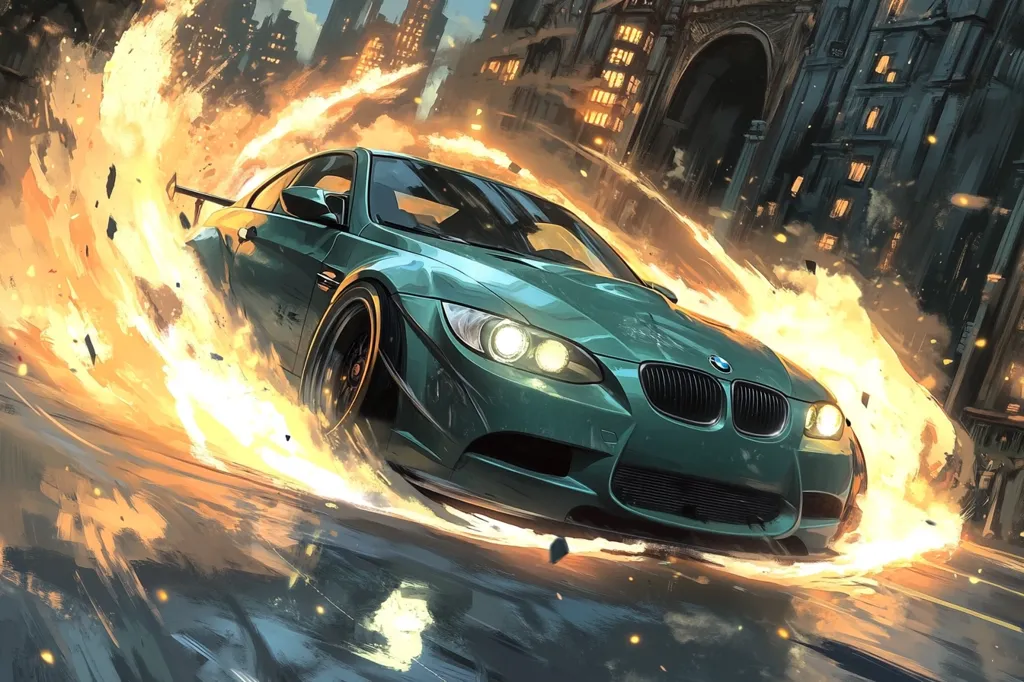 Here's a description of the image:

The artwork depicts a teal BMW M3 speeding through a city at night, engulfed in flames trailing behind it. The car is highly modified, with aggressive bodywork and large wheels.  The city backdrop is stylized, with tall buildings and a dramatic, almost cinematic lighting scheme emphasizing the car as the focal point. The flames are vibrant and dynamic, suggesting high speed and power, adding a sense of urgency and excitement to the scene. The overall style is digital painting, with visible brushstrokes and a slightly painterly texture.