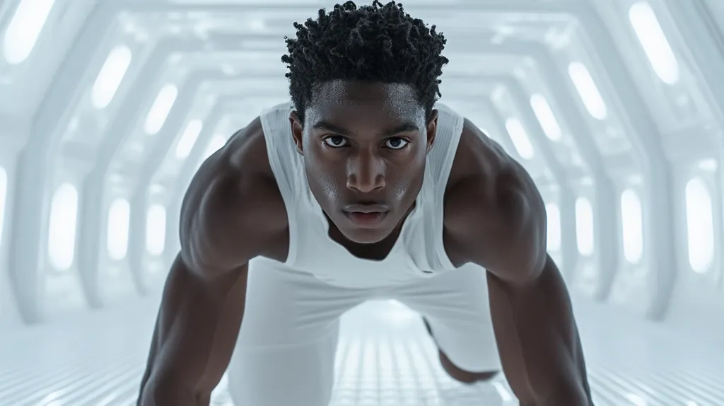 A muscular Black man, wearing a white tank top, is seen from a low angle in a futuristic, white, geometric hallway.  His intense gaze is directed straight at the viewer.  He's in a low, athletic stance, suggesting readiness or exertion. The stark white background emphasizes his powerful physique and focused expression. The overall image is dynamic and conveys a sense of strength and determination.