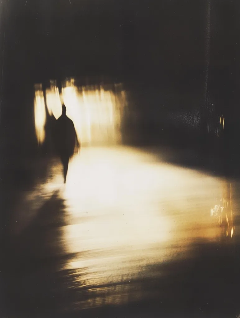 The photograph is a blurred, dreamlike image of a solitary figure walking away from the viewer. The figure is silhouetted against a luminous, hazy background, which could be interpreted as a street scene at night or a brightly lit interior. The overall effect is one of mystery and isolation, with the blur contributing to a sense of movement and transient time. The warm tones of the background contrast with the dark figure, further emphasizing the feeling of isolation. The image's darkness and ambiguity suggest a narrative left open to the viewer's interpretation.