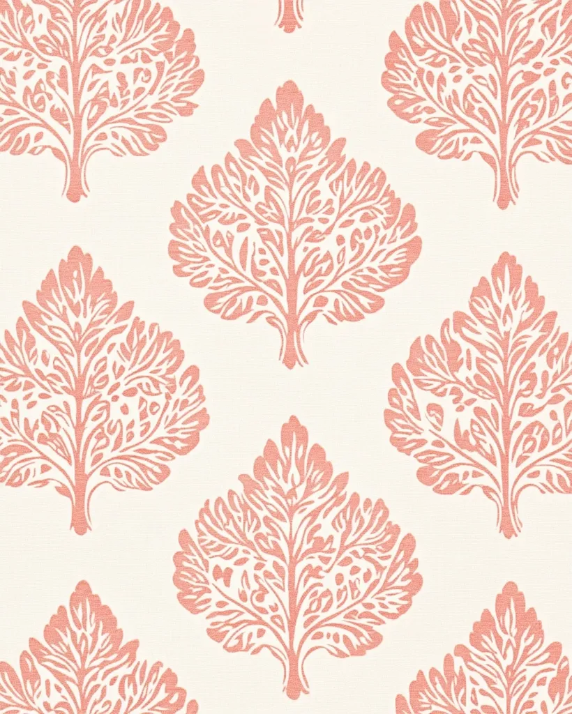 The image shows a repeating pattern of stylized coral-pink trees on a creamy white background.  Each tree is intricately detailed, resembling a leaf or floral damask design. The trees are arranged in a staggered pattern, creating a balanced and elegant visual effect. The overall style is reminiscent of traditional wallpaper or fabric designs, with a slightly textured appearance.  The color palette is soft and muted, creating a calming and sophisticated aesthetic.