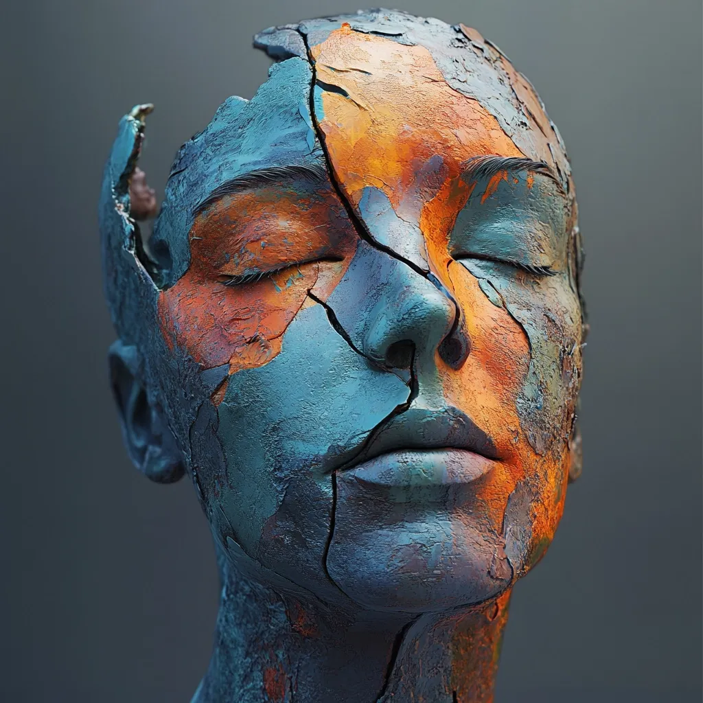 The image depicts a stylized, cracked sculpture of a woman's head and neck.  The surface is textured, resembling aged paint or weathered stone, with a palette of teal, orange, and brown.  A prominent crack runs down the center of the face, splitting the head.  The woman's eyes are closed, conveying a sense of serenity or perhaps vulnerability. The overall effect is one of artistic expression, hinting at themes of fragility, decay, or the passage of time.