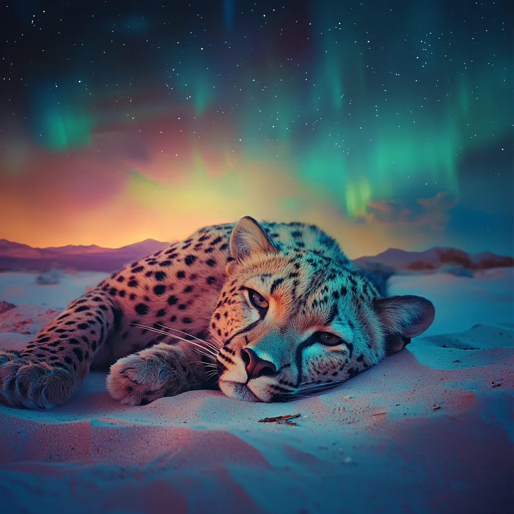 A cheetah rests languidly on a sandy dune under a breathtaking night sky.  Vibrant aurora borealis colors paint the twilight, casting an ethereal glow on the scene. The cheetah's spotted coat is highlighted by the soft light, its expression serene and calm. The overall mood is one of peaceful beauty and tranquility, a captivating blend of wildlife and celestial wonder.