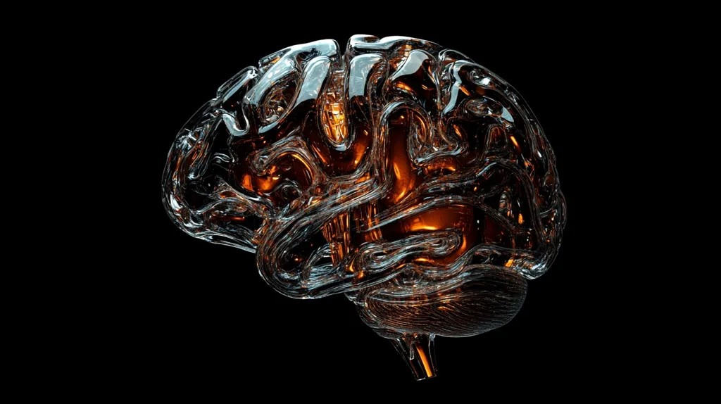 The image shows a three-dimensional rendering of a human brain.  It's depicted as a translucent, glass-like structure, with an inner glow emanating from a warm, orange light source within. The intricate folds and convolutions of the brain are clearly visible through the glassy exterior, which is set against a stark black background, enhancing the contrast and making the form the focal point.  The overall impression is one of both fragility and inner strength, suggesting the complexity and power of the human mind.