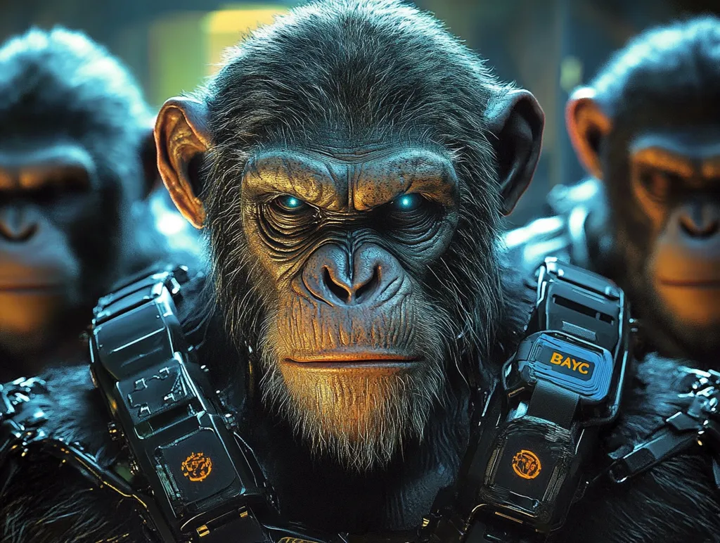 Here's a description of the image:

The image showcases a close-up of a powerful-looking chimpanzee, its intense gaze fixed directly on the viewer. The chimp's face is detailed, highlighting its fur, wrinkles, and piercing eyes with a subtle blue glow. It wears advanced-looking, dark-colored military-style gear with a prominent "BAYC" inscription on a device strapped to its shoulder, suggesting a connection to the Bored Ape Yacht Club.  Two other chimpanzees are partially visible in the background, creating a sense of a group or squad. The overall mood is dark, serious, and futuristic.  The lighting emphasizes the central figure, making it the clear focal point.