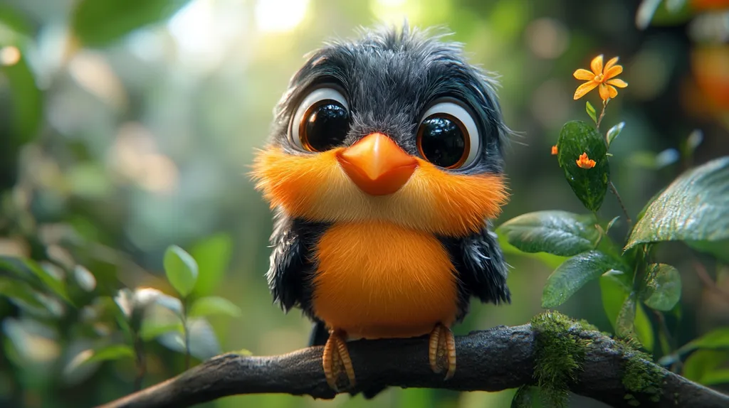Here's a description of the image:

A digitally rendered, cartoonish bird is perched on a mossy branch.  Its plumage is predominantly dark gray on top, transitioning to a vibrant orange on its chest and belly.  The bird has large, expressive eyes and a small, orange beak. It's positioned in a lush, green forest setting, with blurred foliage in the background and a small orange flower visible nearby. The overall style is cute and whimsical, suggesting a character from animation or a children's book.  The lighting is soft and diffused, creating a peaceful atmosphere.