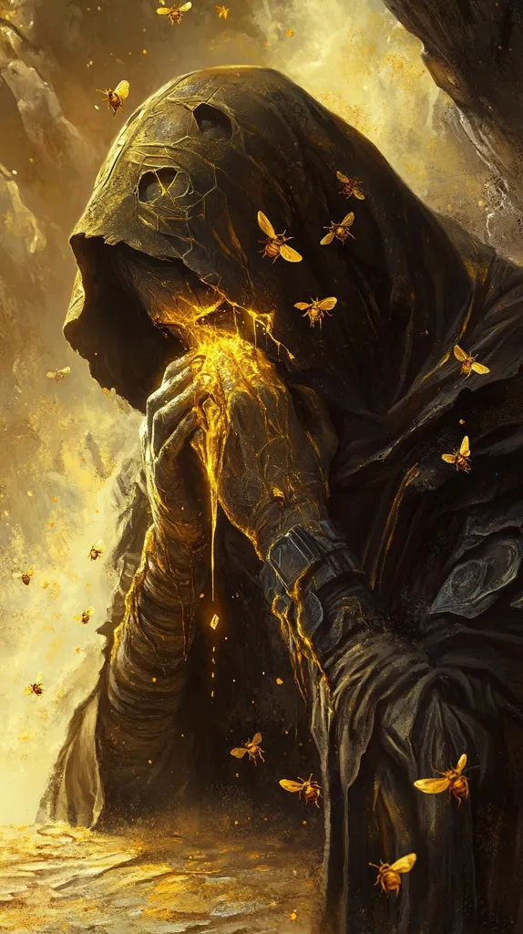 A hooded figure, cloaked in dark, textured fabric, is depicted holding a glowing, golden substance that drips from their hands.  The figure's face is obscured, and their hands appear to be made of stone or metal, partially infused with the same radiant golden material.  Numerous bees surround the figure, adding to the mystical and possibly dangerous atmosphere. The overall tone is dark, yet illuminated by the glowing honey-like substance, creating a dramatic contrast. The background suggests a cave or rocky environment.