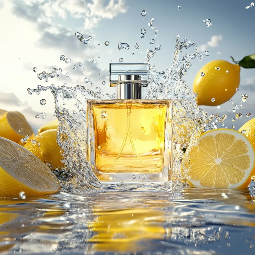 A luxurious perfume bottle, square and filled with a golden liquid, is the centerpiece of a vibrant image.  Surrounding the bottle, a dynamic splash of water explodes outwards, mirroring the freshness of the scent.  Several bright yellow lemons add a zesty visual element, suggesting a citrus fragrance.  The background is a soft, cloudy sky, providing a serene contrast to the lively foreground. The overall impression is one of clean, invigorating luxury.