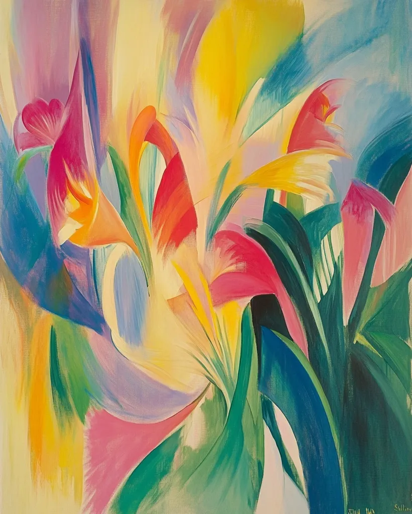 This abstract painting showcases vibrant, expressive brushstrokes depicting stylized flowers.  Predominantly featuring shades of pink, red, yellow, and green, the artwork uses bold colors and sweeping forms to create a sense of movement and energy. The flowers are not realistically rendered but rather suggested through dynamic shapes and color contrasts, characteristic of expressionist or abstract styles. The composition is lively and lacks sharp outlines, focusing on the interplay of color and form to convey a feeling of floral abundance.