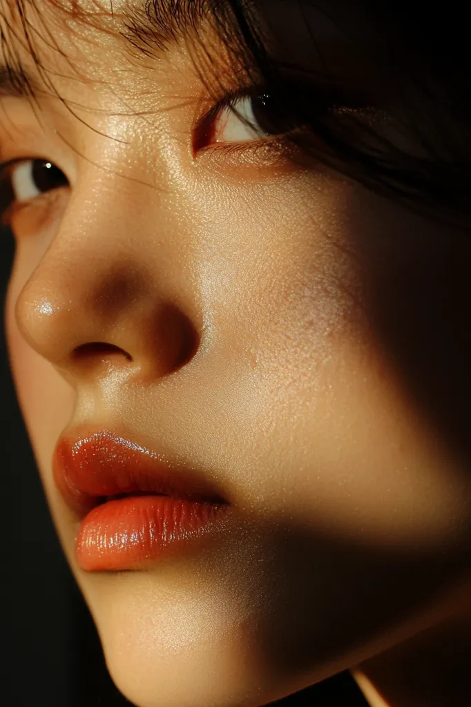 Here is a description of the image:

Close-up view of a woman's face, bathed in warm, golden light. The focus is on her skin's texture, which appears smooth with a subtle sheen. Her eyes are partially visible, dark and expressive, with a hint of shadow under her brow. She has full lips, a softly defined nose, and dark hair that partially obscures her forehead.  The lighting creates a dramatic contrast between the brightly lit areas of her face and shadowed regions, highlighting the delicate contours and texture. The overall effect is one of natural beauty, warmth, and intimacy.