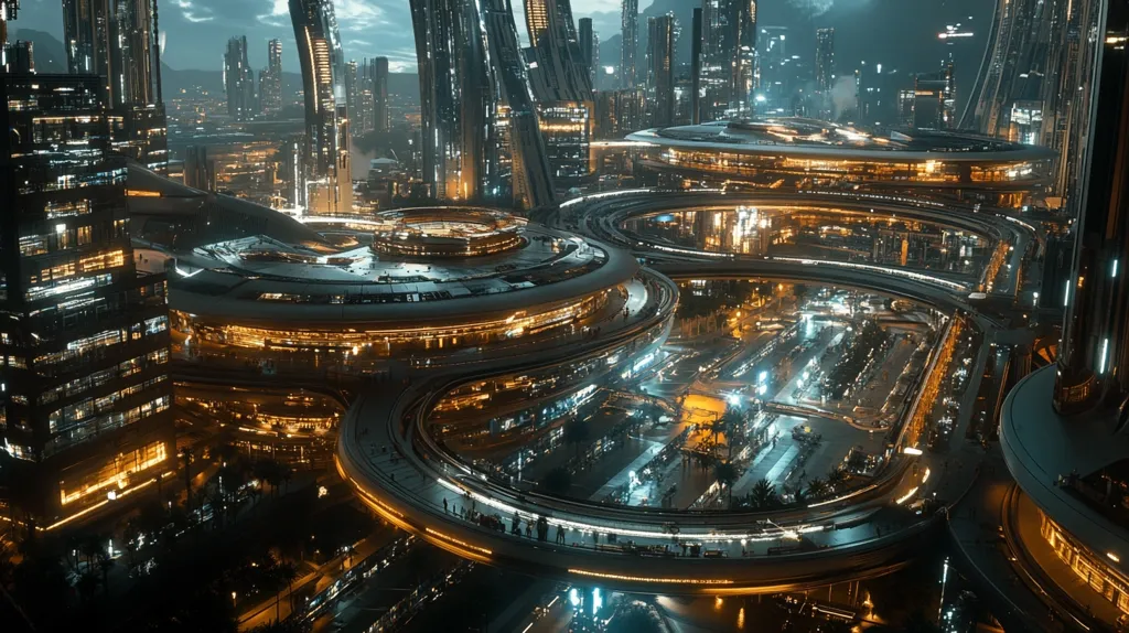 Here's a description of the image:

The image depicts a futuristic cityscape at night. The architecture is sleek and modern, featuring towering skyscrapers and interconnected, circular structures that seem to be elevated roadways or plazas.  These structures are illuminated with warm, golden lights, contrasting with the darker tones of the buildings. The overall atmosphere is one of high-tech density and advanced urban planning, evocative of science fiction imagery. The scene is viewed from a high vantage point, offering a sweeping overview of the city's intricate layout.