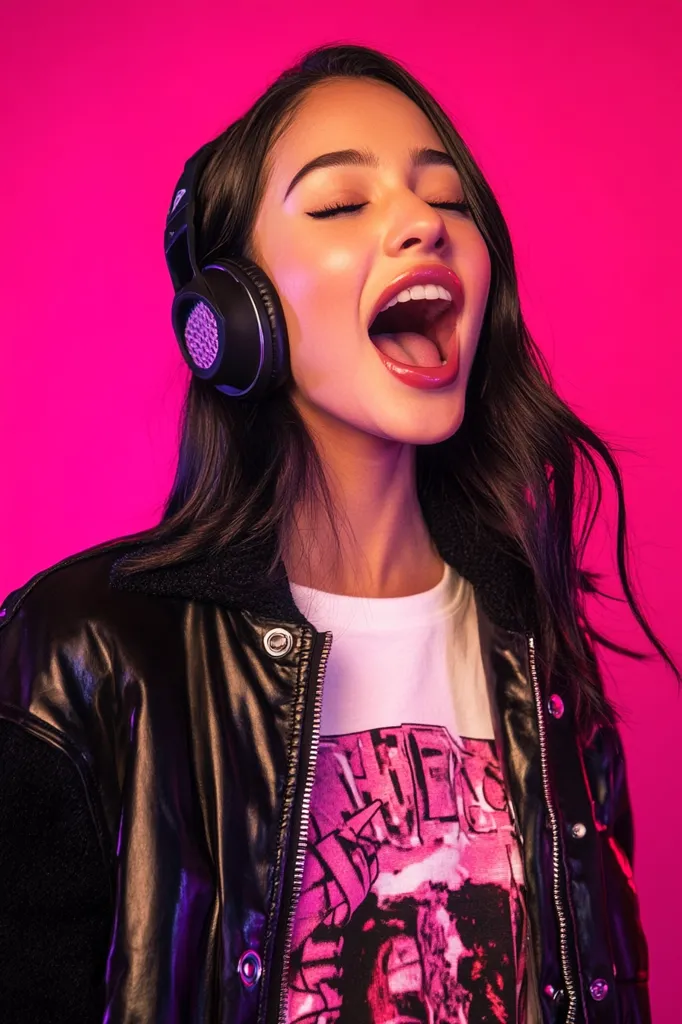 A young woman with long dark hair is shown singing into a pair of black over-ear headphones.  She's wearing a black leather jacket over a white t-shirt with a pink graphic design.  Her eyes are closed, and her mouth is wide open in song. The background is a vibrant pink, creating a bold and energetic image. The overall mood is one of joyful expression and musical enthusiasm.