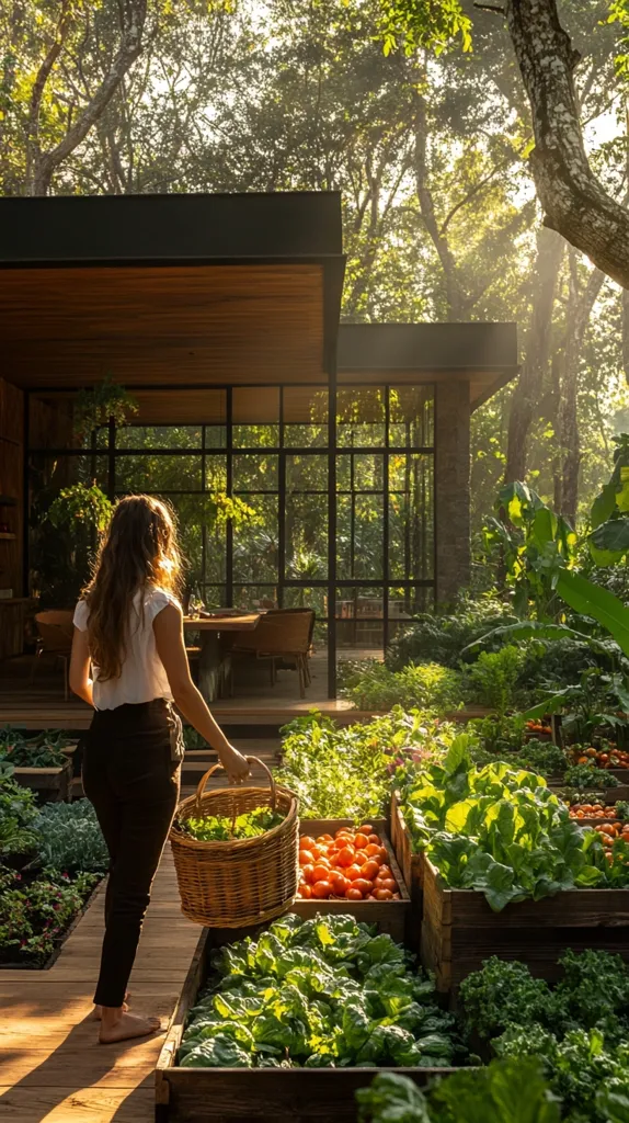 A woman with long brown hair, barefoot, stands on a wooden deck beside a lush garden. She carries a wicker basket filled with freshly harvested greens.  The garden is bountiful, featuring rows of tomatoes and various leafy greens in raised wooden beds.  In the background, a modern, glass-walled structure blends seamlessly with the surrounding sun-drenched forest. The scene evokes a sense of tranquility and self-sufficiency.