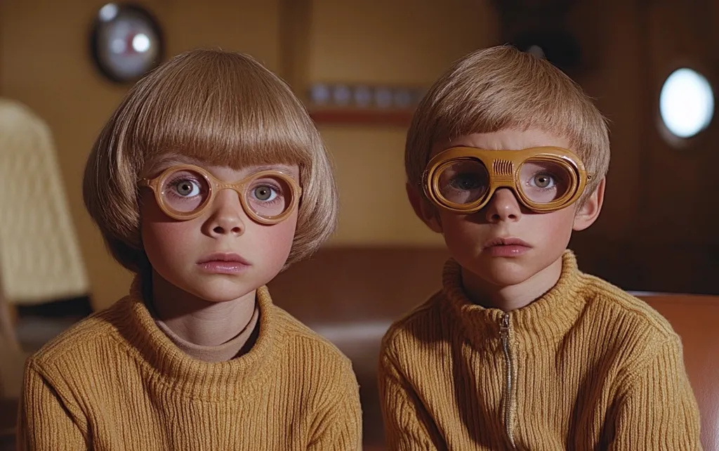 Two children, a boy and a girl, with matching blond bowl cuts and mustard-yellow sweaters sit side by side.  The girl wears round glasses, while the boy sports larger, aviator-style goggles. Both children have a serious expression. The setting appears to be a dimly lit, vintage interior, possibly a ship's cabin, suggested by the background details. The overall mood is one of quiet intensity and retro charm.