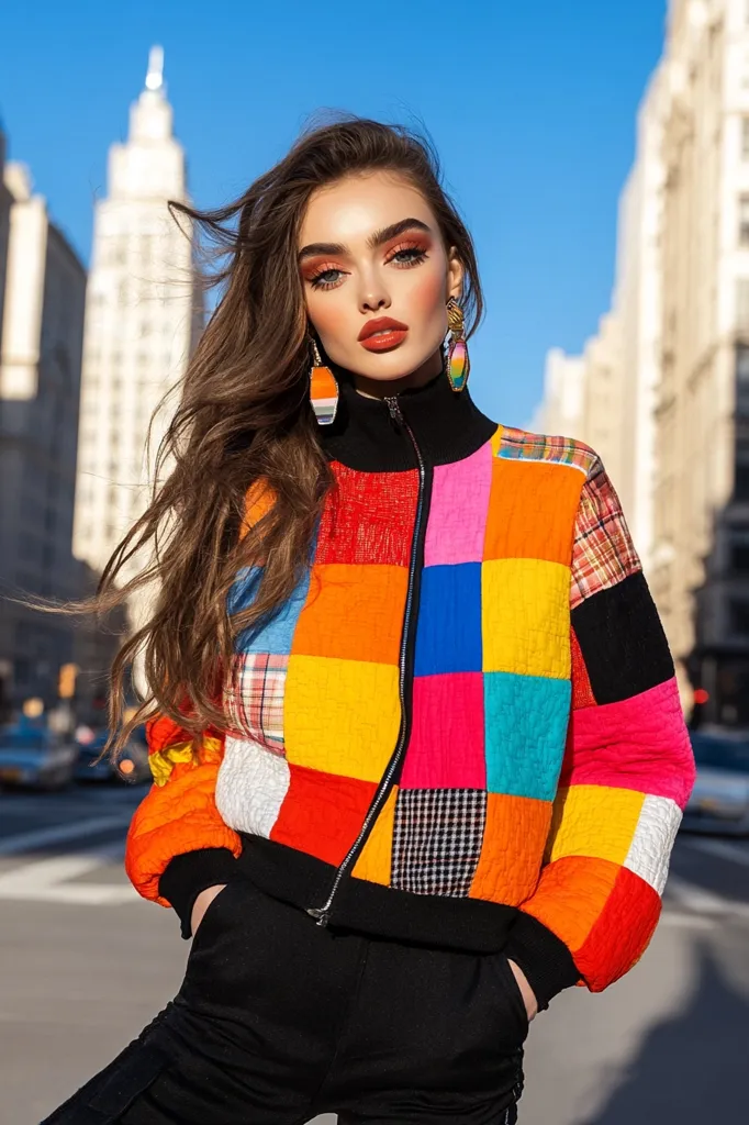 Here's a description of the image:

A young woman with long brown hair and striking makeup stands on a city street, posing confidently. She wears a vibrant, multicolored patchwork jacket, boasting squares of various bright colors including red, orange, yellow, pink, blue, and white, and black, creating a bold, eye-catching look. The jacket is zipped up to the collar, complemented by black trousers.  She is wearing long, colorful earrings, that coordinate with her jacket. The background is blurred but shows a city skyline with tall buildings under a clear blue sky. The overall image is stylish and fashionable, showcasing the woman's vibrant outfit against the urban backdrop.
