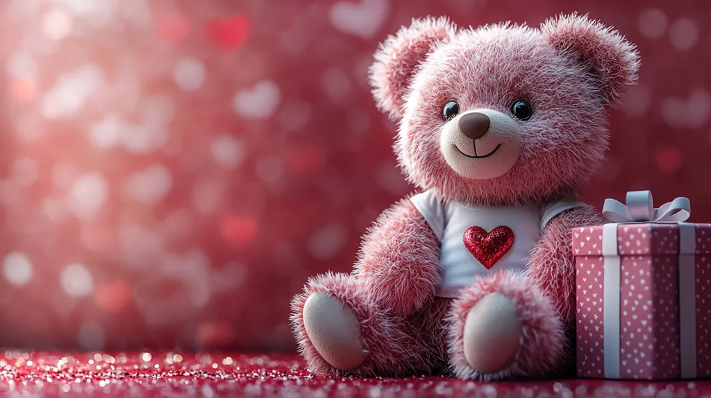 A fluffy pink teddy bear sits on a red, glitter-covered surface against a bokeh background of out-of-focus hearts. The bear wears a white shirt adorned with a red, glittery heart.  A pink gift box with a white ribbon sits beside it, adding to the romantic, Valentine's Day themed scene. The overall image is soft, warm, and evokes feelings of love and affection.
