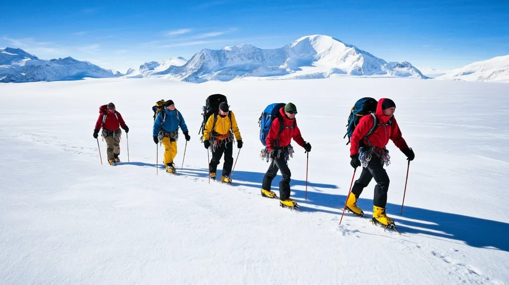 A group of five mountaineers trek across a vast, snow-covered expanse.  They are equipped with heavy backpacks, ice axes, and crampons, their vibrant red and yellow jackets standing out against the stark white landscape.  A majestic, snow-capped mountain range forms a breathtaking backdrop under a clear blue sky. The scene depicts a challenging yet rewarding expedition in a remote, high-altitude environment.  Their footprints mark their steady progress across the pristine snow.