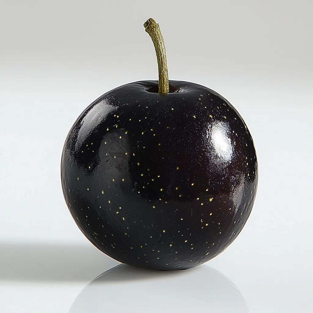 Here's a description of the image:

The photograph shows a single, perfectly round, dark-purple fruit, almost black, with a glossy sheen.  Tiny, light-yellow dots are scattered across its surface. A slender, brown stem extends from the top. The fruit rests on a plain, light-grey surface, creating a subtle reflection beneath it. The background is a simple, unblemished white. The overall impression is one of stark simplicity and high contrast, focusing attention entirely on the unique fruit.