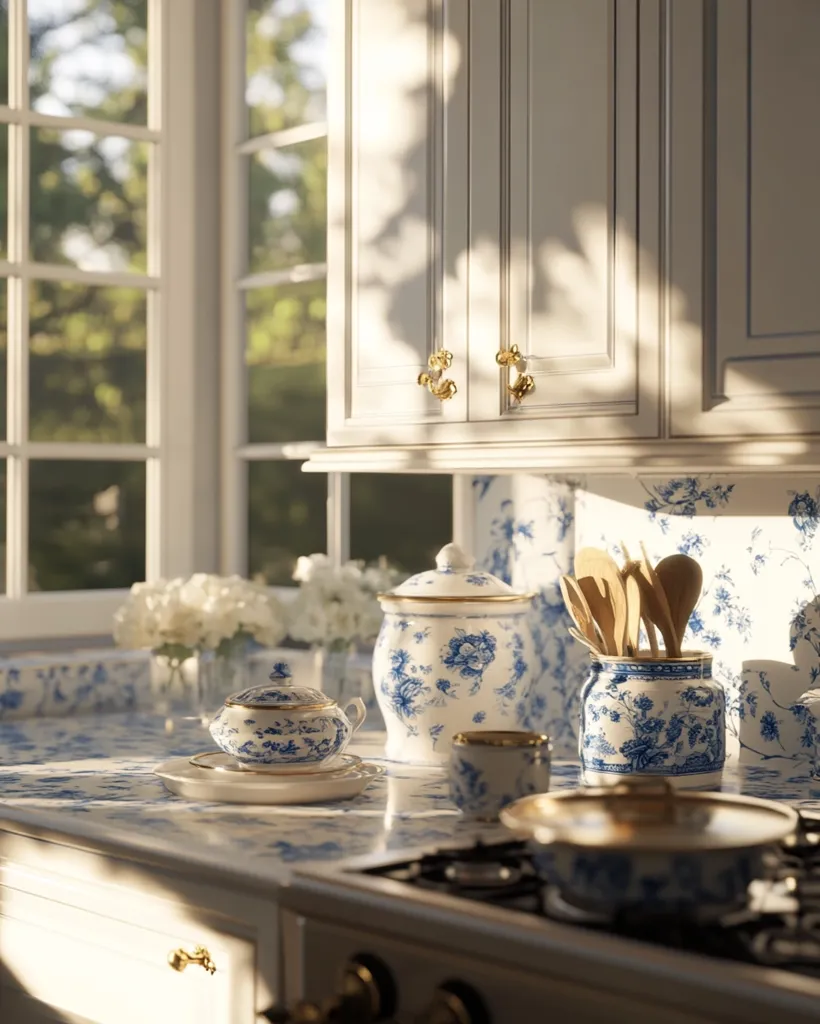 Sunlight streams into a bright, elegant kitchen.  White cabinets with gold knobs are complemented by blue and white floral-patterned countertops and backsplash.  A collection of delicate blue and white china, including a sugar bowl, creamer, canister, and mugs, sits on the counter. Wooden cooking utensils are in a matching blue and white canister.  The scene evokes a feeling of serene, classic beauty.