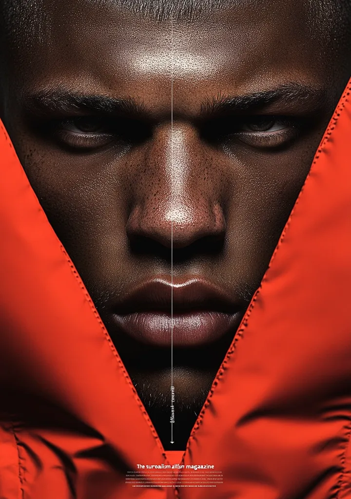 Here is a description of the image:

Close-up view of a dark-skinned man's intense face, framed by a vibrant, V-shaped opening of a bright orange jacket. His gaze is direct and serious, his brow furrowed slightly.  The image is sharply focused on his face, highlighting his facial features and texture.  A thin, vertical line bisects the image, leading down to the magazine's name, "The surrealism atilln magazine," at the bottom. The overall mood is dramatic and intense, with stark contrasts in color and lighting.