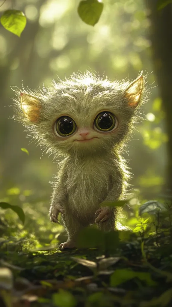 A digitally rendered image showcases a whimsical creature, resembling a small, furry animal. Its large, expressive eyes and light-colored fur contribute to its endearing appearance.  The creature stands in a sun-dappled forest setting, amidst lush green foliage. The soft lighting and blurred background enhance the magical, almost ethereal quality of the scene. The overall impression is one of sweetness and fantasy.